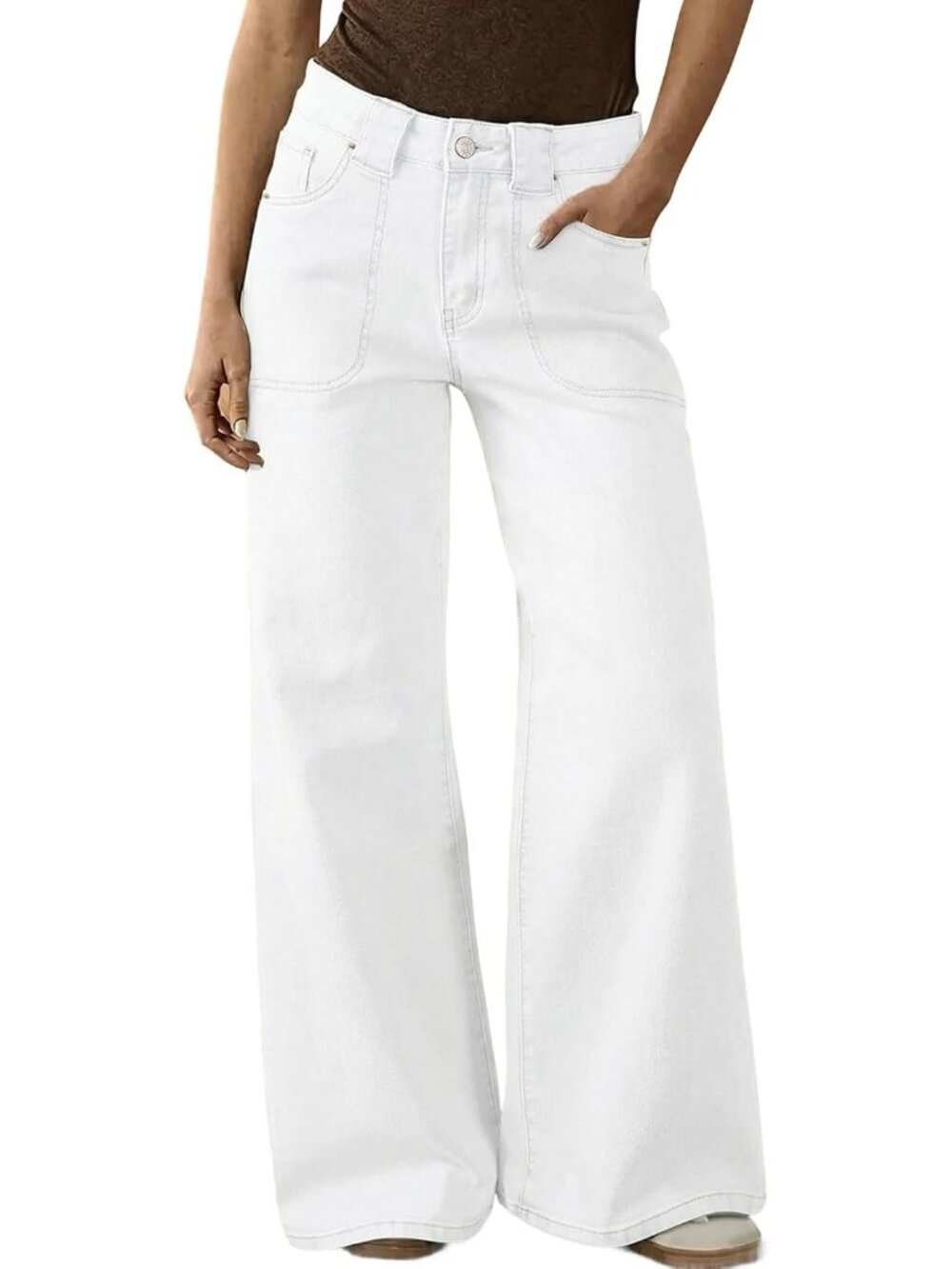Women's White High Waisted Wide Leg Jeans Denim Pants Front Patch Pockets